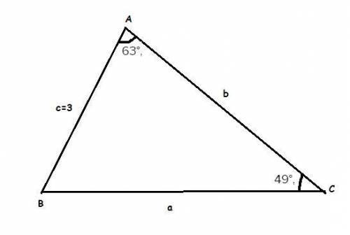 Determine b , given that a = 63°, c = 49°, and c = 3. round answers to the nearest whole number. do