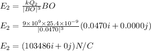 E_{2} =\frac{kQ_{2} }{|BO|^{3} } BO \\\\E_{2} =\frac{9\times 10^{9} \times 25.4 \times 10^{-9} }{|0.0470|^{3}} (0.0470 i + 0.0000 j )\\\\E_{2} = (103486 i + 0 j ) N/C \\\\