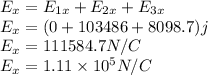 E_{x} = E_{1x} +E_{2x} +E_{3x} \\E_{x} = (0+ 103486 +8098.7 )j\\E_{x}=111584.7 N/C\\E_{x} = 1.11 \times 10^{5} N/C