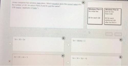 Jonas compares two wireless data plans. which equation gives the correct value of n, the number of g