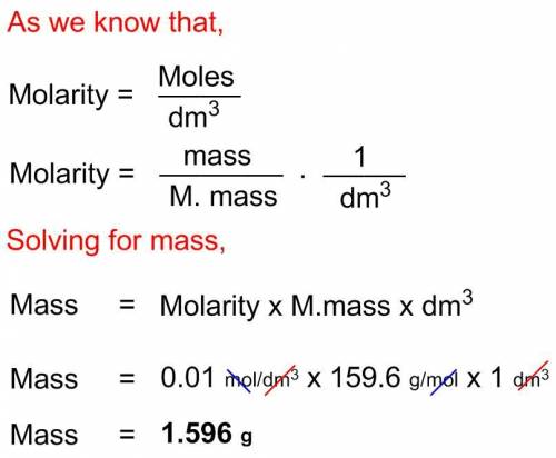 Asolution of cuso4 is labelled 0.01 m. how much cuso4 in grams, must be used to make 1 liter of solu