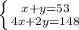 \left \{ {{x+y=53} \atop {4x+2y=148}} \right.