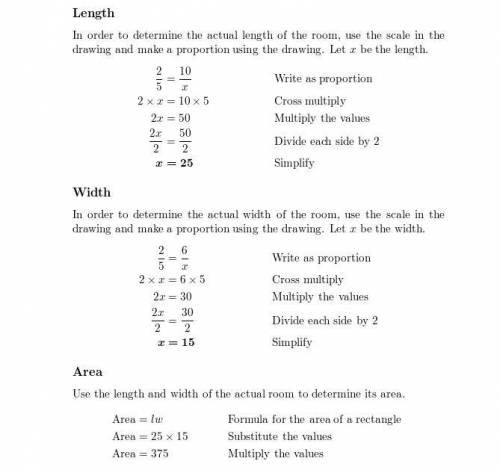 The scale in a drawing is 2 cm :  5 m. what are the length and width of the actual room?  find the a