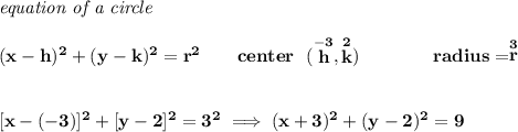 \bf \textit{equation of a circle}\\\\ &#10;(x- h)^2+(y- k)^2= r^2&#10;\qquad &#10;center~~(\stackrel{-3}{ h},\stackrel{2}{ k})\qquad \qquad &#10;radius=\stackrel{3}{ r}&#10;\\\\\\\&#10;[x-(-3)]^2+[y-2]^2=3^2\implies (x+3)^2+(y-2)^2=9