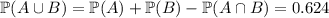 \mathbb P(A\cup B)=\mathbb P(A)+\mathbb P(B)-\mathbb P(A\cap B)=0.624