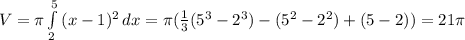 V= \pi \int\limits^5_2 {(x-1)^{2}} \, dx =\pi(\frac{1}{3}(5^{3}-2^{3})-(5^{2}-2^{2})+(5-2))=21\pi