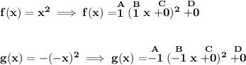\bf f(x)=x^2\implies f(x)=\stackrel{A}{1}(\stackrel{B}{1}x\stackrel{C}{+0})^2\stackrel{D}{+0}&#10;\\\\\\&#10;g(x)=-(-x)^2\implies  g(x)=\stackrel{A}{-1}(\stackrel{B}{-1}x\stackrel{C}{+0})^2\stackrel{D}{+0}