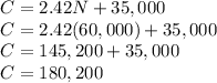 C=2.42N+35,000 \\ &#10;C=2.42(60,000)+35,000 \\ &#10;C=145,200+35,000 \\ &#10;C=180,200