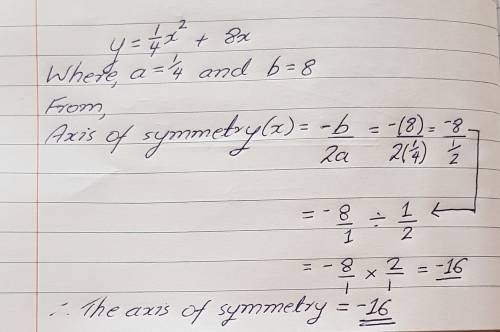 Y= 1/4x^2 + 8x what is the axis of symmetry ^2 means squared
