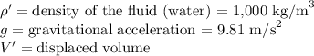 \rho' = \text{density of the fluid (water) = 1,000 kg/m}^3&#10;\\ g = \text{gravitational acceleration = 9.81 m/s}^2&#10;\\ V' = \text{displaced volume}