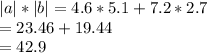 |a|*|b|=4.6*5.1+7.2*2.7\\&#10;=23.46+19.44\\&#10;=42.9&#10;