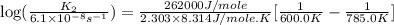 \log (\frac{K_2}{6.1\times 10^{-8}s^{-1}})=\frac{262000J/mole}{2.303\times 8.314J/mole.K}[\frac{1}{600.0K}-\frac{1}{785.0K}]
