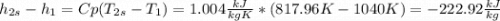h_{2s}-h_{1}}=Cp(T_{2s}-T_{1}})=1.004\frac{kJ}{kgK}*(817.96K-1040K)=-222.92\frac{kJ}{kg}