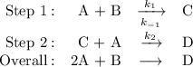 \begin{array}{rrcl}\text{Step 1}:& \text{A + B} & \xrightarrow [k_{-1}]{k_{1}} & \text{C}\\\text{Step 2}: & \text{C + A} & \xrightarrow [ ]{k_{2}} & \text{D}\\\text{Overall}: & \text{2A + B} & \longrightarrow \, & \text{D}\\\end{array}