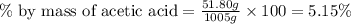 \% \text{ by mass of acetic acid}=\frac{51.80g}{1005g}\times 100=5.15\%