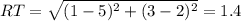 RT=\sqrt{(1 -5)^2 + (3- 2)^2} =1.4