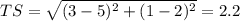 TS=\sqrt{(3 -5)^2 + (1- 2)^2} =2.2