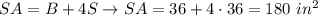 SA=B+4S\to SA=36+4\cdot36=180\ in^2