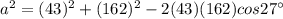 a^2=(43)^2+(162)^2-2(43)(162)cos27^{\circ}