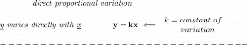 \bf \qquad \qquad \textit{direct proportional variation}\\\\&#10;\textit{\underline{y} varies directly with \underline{x}}\qquad \qquad  y=kx\impliedby &#10;\begin{array}{llll}&#10;k=constant\ of\\&#10;\qquad  variation&#10;\end{array}\\\\&#10;-------------------------------
