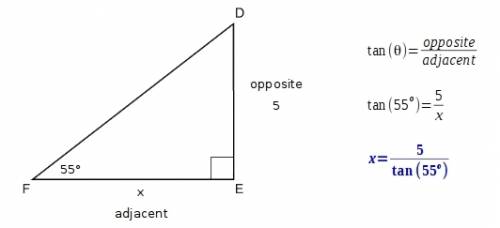 In △def, de = 5 and m∠f=55. find fe.