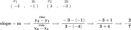 \bf \begin{array}{ccccccccc}&#10;&&x_1&&y_1&&x_2&&y_2\\&#10;%  (a,b)&#10;&&(~{{ -4}} &,&{{ -1}}~) &#10;%  (c,d)&#10;&&(~{{ 3}} &,&{{ -3}}~)&#10;\end{array}&#10;\\\\\\&#10;% slope  = m&#10;slope = {{ m}}\implies &#10;\cfrac{\stackrel{rise}{{{ y_2}}-{{ y_1}}}}{\stackrel{run}{{{ x_2}}-{{ x_1}}}}\implies \cfrac{-3-(-1)}{3-(-4)}\implies \cfrac{-3+1}{3+4}\implies -\cfrac{2}{7}