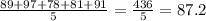 \frac{89+97+78+81+91}{5}=\frac{436}{5}=87.2