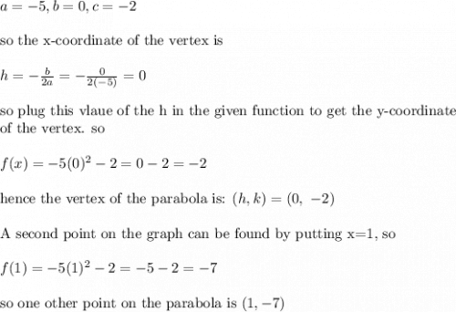 a=-5, b=0, c=-2\\&#10;\\&#10;\text{so the x-coordinate of the vertex is }\\&#10;\\&#10;h=-\frac{b}{2a}=-\frac{0}{2(-5)}=0\\&#10;\\&#10;\text{so plug this vlaue of the h in the given function to get the y-coordinate}\\&#10;\text{of the vertex. so}\\&#10;\\&#10;f(x)=-5(0)^2-2=0-2=-2\\&#10;\\&#10;\text{hence the vertex of the parabola is: }(h,k)=(0,\ -2)\\&#10;\\&#10;\text{A second point on the graph can be found by putting x=1, so }\\&#10;\\&#10;f(1)=-5(1)^2-2=-5-2=-7\\&#10;\\&#10;\text{so one other point on the parabola is }(1,-7)