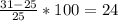 \frac{31-25}{25} *100=24%