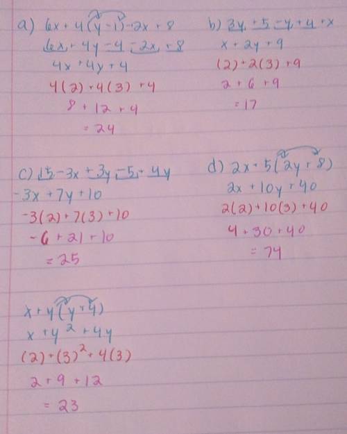 Combine like terms, then evaluate for x = 2 and y = 3. remember to use the order of operations.  (a)