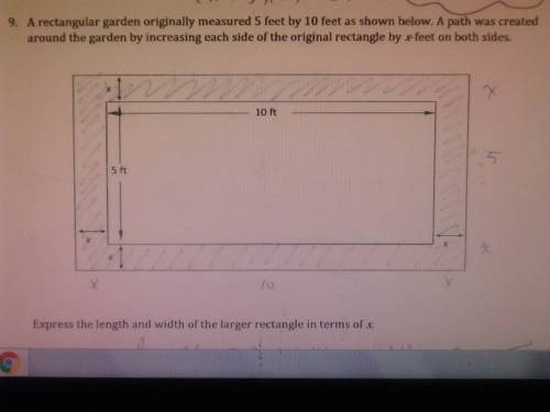 Arectangular garden originally measured 5 feet by 10 feet as shown below. a path was created around