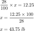 \dfrac{28}{100}\times x=12.25\\\\x=\dfrac{12.25\times 100}{28}\\\\x=43.75\ lb