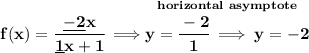 \bf f(x)=\cfrac{\underline{-2} x}{\underline{1} x+1}\implies \stackrel{horizontal~asymptote}{y=\cfrac{-2}{1}\implies y=-2}