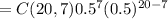 =C(20,7)0.5^7(0.5)^{20-7}