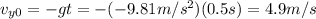 v_{y0}=-gt=-(-9.81 m/s^2)(0.5 s)=4.9 m/s
