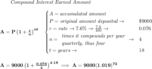 \bf ~~~~~~ \textit{Compound Interest Earned Amount}&#10;\\\\&#10;A=P\left(1+\frac{r}{n}\right)^{nt}&#10;\quad &#10;\begin{cases}&#10;A=\textit{accumulated amount}\\&#10;P=\textit{original amount deposited}\to &\$9000\\&#10;r=rate\to 7.6\%\to \frac{7.6}{100}\to &0.076\\&#10;n=&#10;\begin{array}{llll}&#10;\textit{times it compounds per year}\\&#10;\textit{quarterly, thus four}&#10;\end{array}\to &4\\&#10;t=years\to &18&#10;\end{cases}&#10;\\\\\\&#10;A=9000\left(1+\frac{0.076}{4}\right)^{4\cdot 18}\implies A=9000(1.019)^{72}