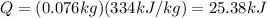 Q=(0.076 kg)(334 kJ/kg)=25.38 kJ