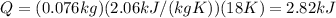 Q=(0.076 kg)(2.06 kJ/(kg K))(18 K)=2.82 kJ