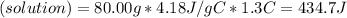 \q(solution) = 80.00g*4.18J/gC*1.3C = 434.7 J