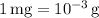 1\,\text{mg}=10^{-3}\,\text{g}