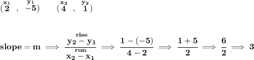 \bf (\stackrel{x_1}{2}~,~\stackrel{y_1}{-5})\qquad (\stackrel{x_2}{4}~,~\stackrel{y_2}{1}) \\\\\\ slope = m\implies \cfrac{\stackrel{rise}{ y_2- y_1}}{\stackrel{run}{ x_2- x_1}}\implies \cfrac{1-(-5)}{4-2}\implies \cfrac{1+5}{2}\implies \cfrac{6}{2}\implies 3