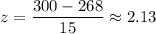 z=\dfrac{300-268}{15}\approx2.13