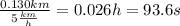 \frac{0.130km}{5 \frac{km}{h} } =0.026h=93.6s