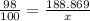 \frac{98}{100} = \frac{188.869}{x}