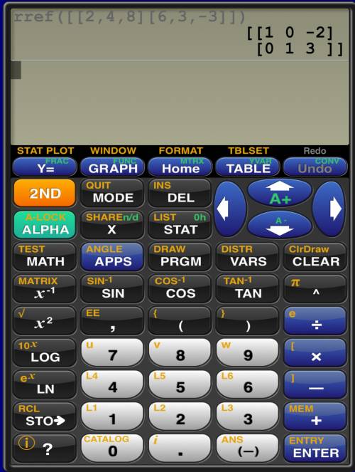 Use the matrix method to solve the system of equations 2x + 4y = 8 and 6x + 3y = -3. the resulting m