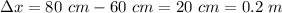 \Delta x = 80~cm-60~cm=20~cm=0.2~m