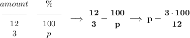 \bf \begin{array}{ccll}&#10;amount&\%\\&#10;\text{\textemdash\textemdash\textemdash}&\text{\textemdash\textemdash\textemdash}\\&#10;12&100\\&#10;3&p&#10;\end{array}\implies \cfrac{12}{3}=\cfrac{100}{p}\implies p=\cfrac{3\cdot 100}{12}