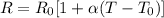 R=R_0[1+\alpha (T-T_0)]