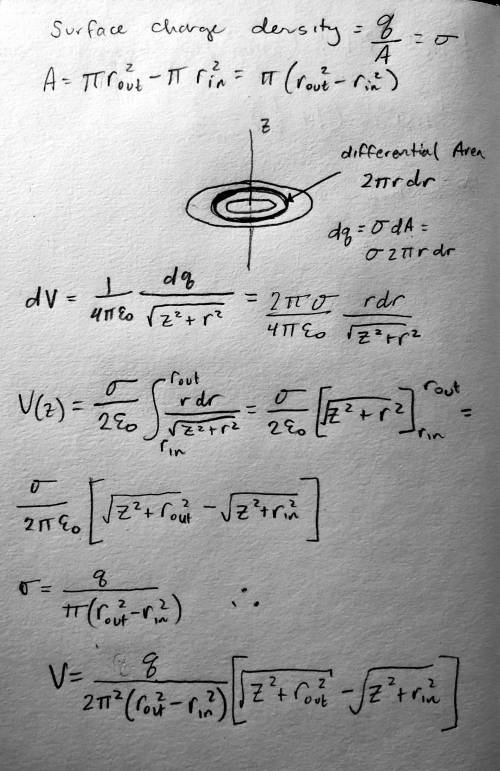 Adisk with a hole has inner radius rin and outer radius rout. the disk is uniformly charged with tot