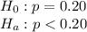 H_0: p=0.20\\H_a: p< 0.20